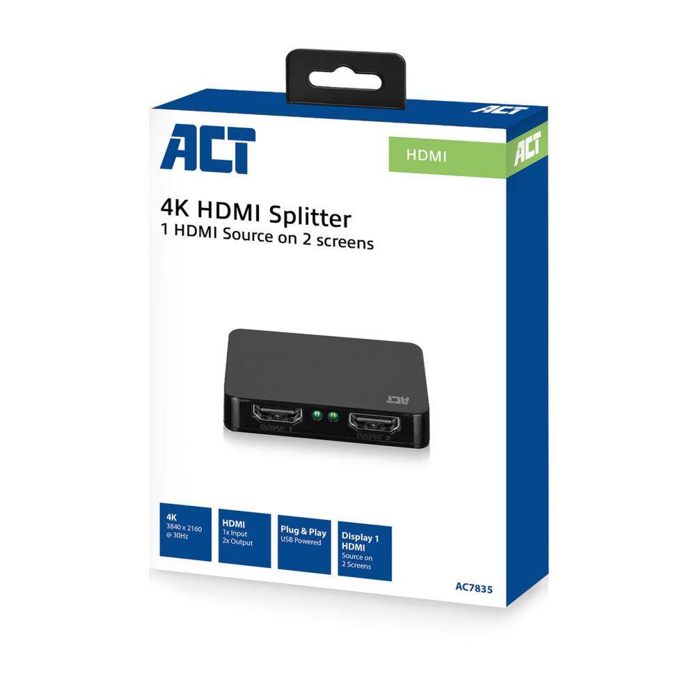 ACT AC7835 | 1x2 HDMI 1.4 Splitter | 4K @30Hz | HDCP 1.4 | USB-gevoed