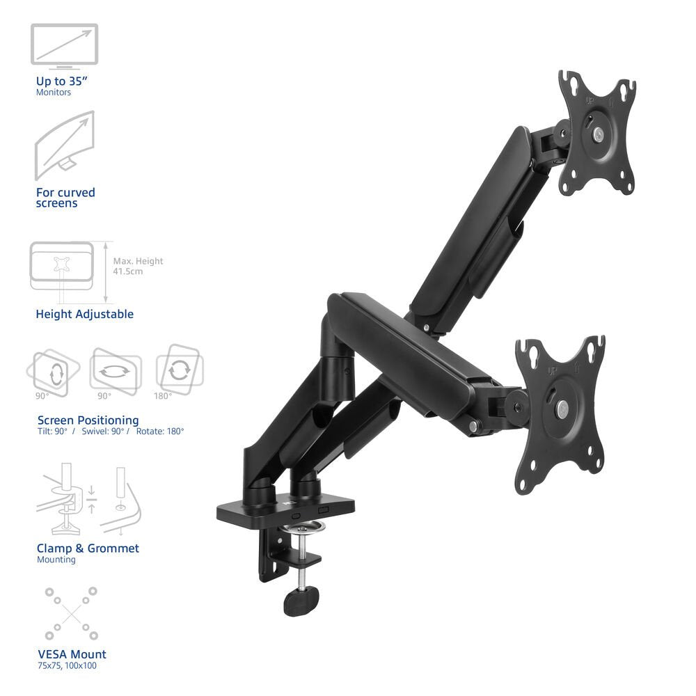 ACT AC8314 Monitorarm Essentials | Verstelbare Monitor-bureaubeugel | Tot 35" | Max 2x 9 kg | VESA 75x75 / 100x100 | 2 Monito