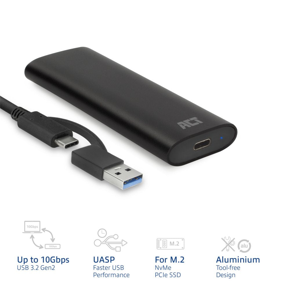 ACT AC1615 | USB-C M.2 NVMe/PCIe SSD Behuizing | Tool-Free | Aluminium | USB 3.2 Gen2 (10 Gbps)