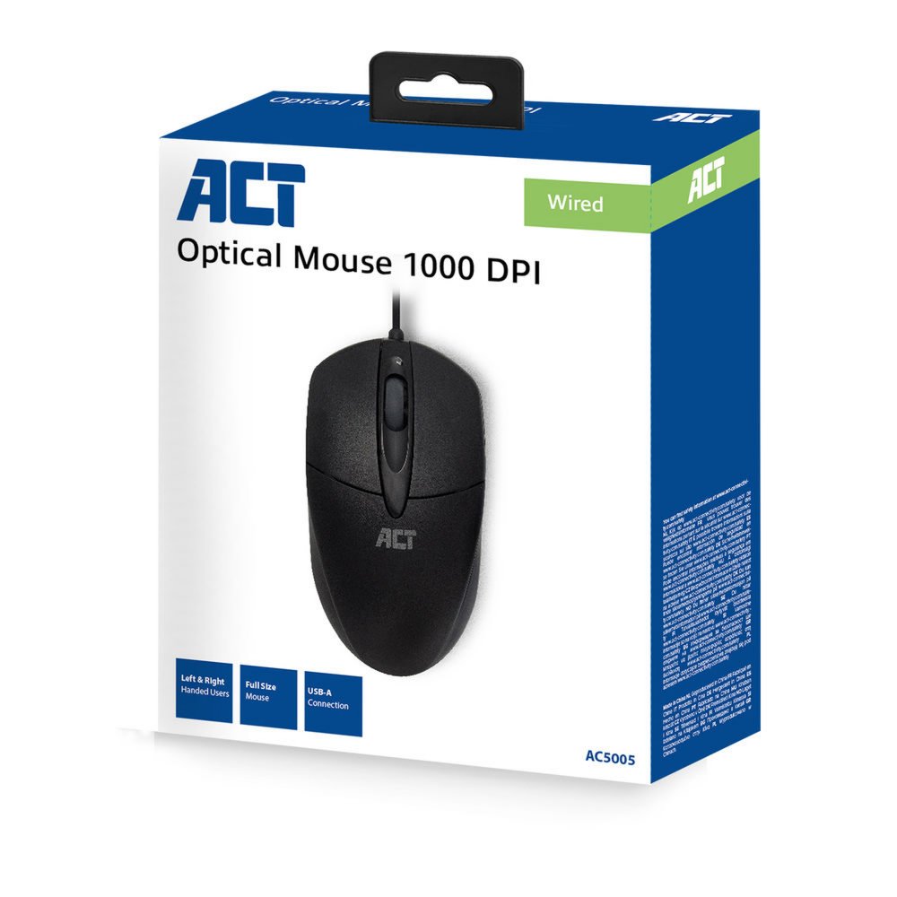 ACT AC5005 | Bedrade Muis | Links- en Rechtshandig | USB-A | 1000 DPI | Zwart