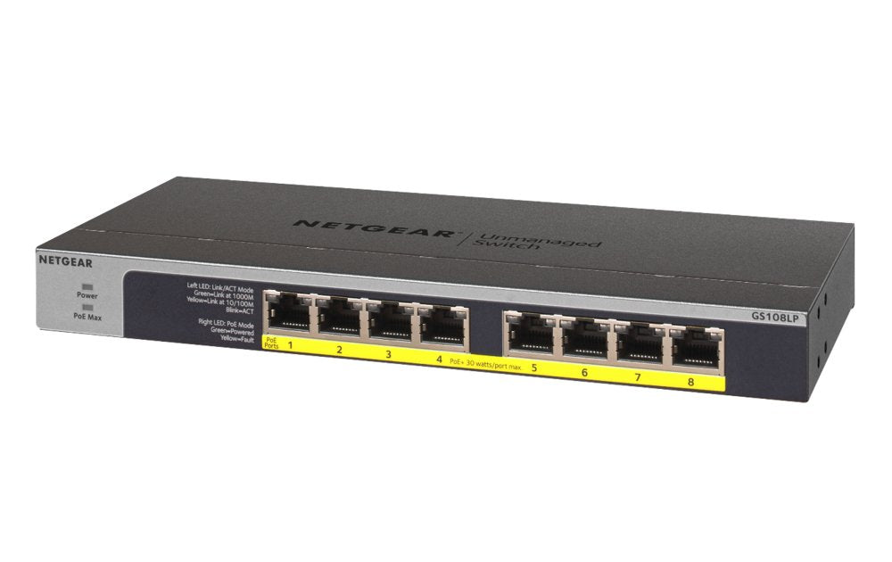 NETGEAR GS108LP | Unmanaged Switch | 8 Poorten | Gigabit Ethernet (10/100/1000 Mbps) | 8x PoE+ (60W) | FlexPoE | Fanless | 1U