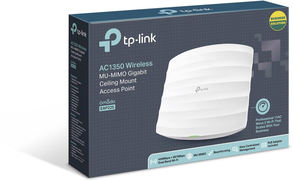 TP-Link EAP225 | WiFi 5 Access Point | 1750 Mbit/s | PoE (met Injector) | Inclusief Montagebeugel
