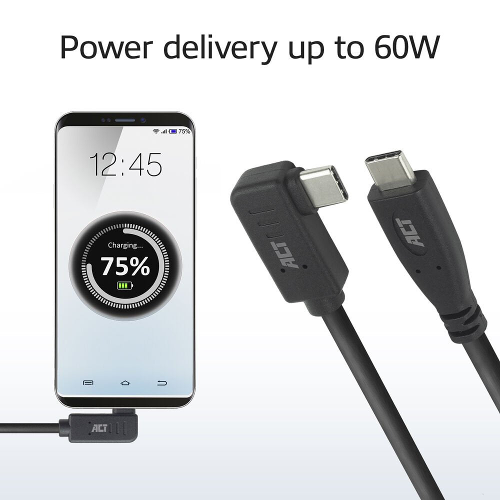 ACT AC7408 | USB 3.2 Gen 2 Kabel | USB-C (recht) naar USB-C (haaks links/rechts) | 60W | 10Gbps | 3m | Zwart