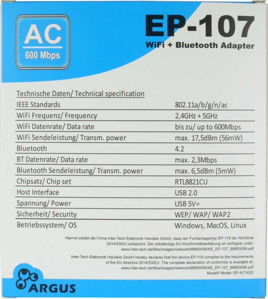 Argus EP-107 | Wi-Fi 5 USB Adapter | 600 Mbps | Dual-band (2,4 GHz / 5 GHz) | Bluetooth 4.2 | USB 2.0
