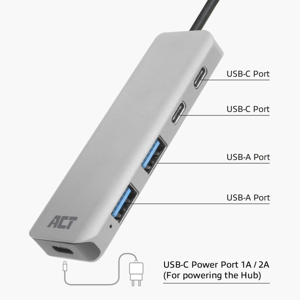 ACT AC7072 USB-C Hub 3.0 | 2x USB-A & 2x USB-C Poorten | 5 Gbps | Aluminium Behuizing | 12 cm Kabel