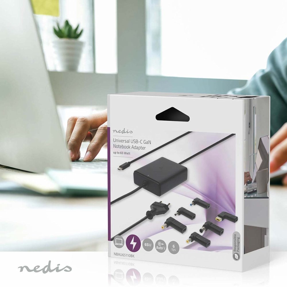 Nedis NBAU65110BK | Notebook adapter (GaN) | 65 W | USB-C Power Delivery | Zwart