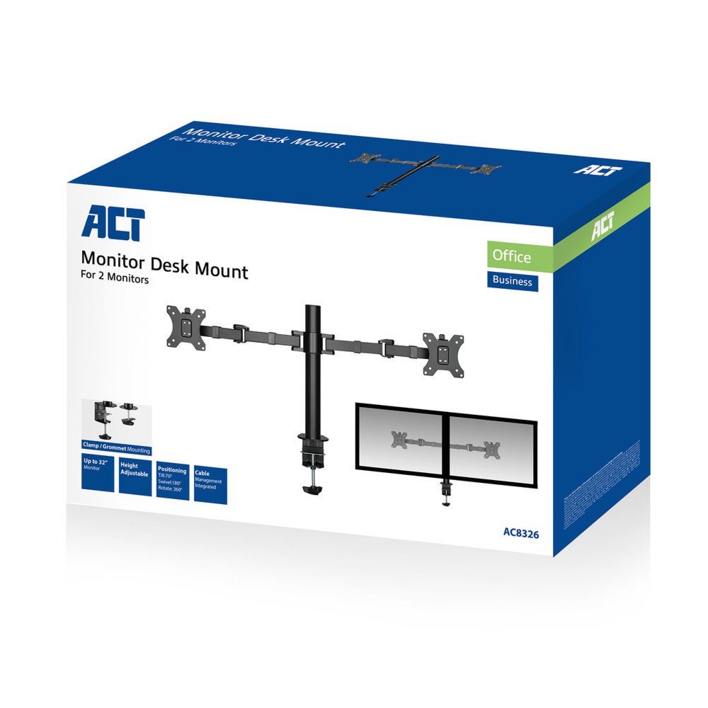 ACT AC8326 | Verstelbare Monitor-bureaubeugel | Tot 32" | Max 12kg | VESA 100x100 | 2 Monitoren | OPEN BOX