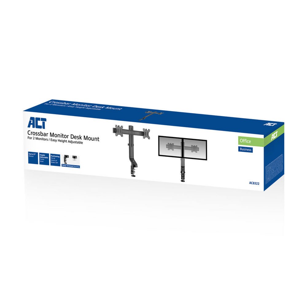 ACT AC8332 | In Hoogte Verstelbare Monitor-bureaubeugel | Tot 27" | Max 7kg | VESA 100x100 | 2 Monitoren