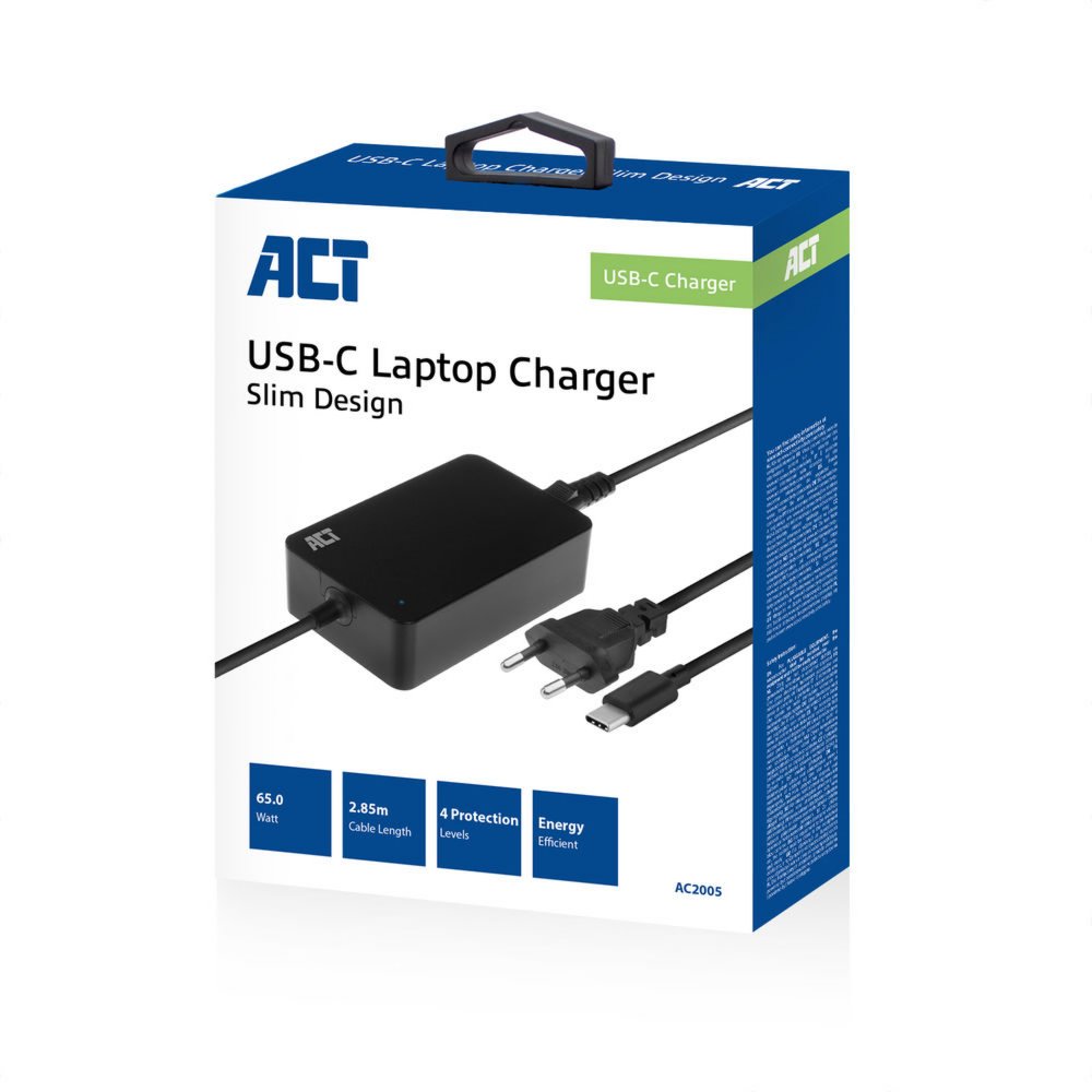 ACT AC2005 | Universele USB-C Notebook Lader | 65 Watt PDP | 2,75 Meter