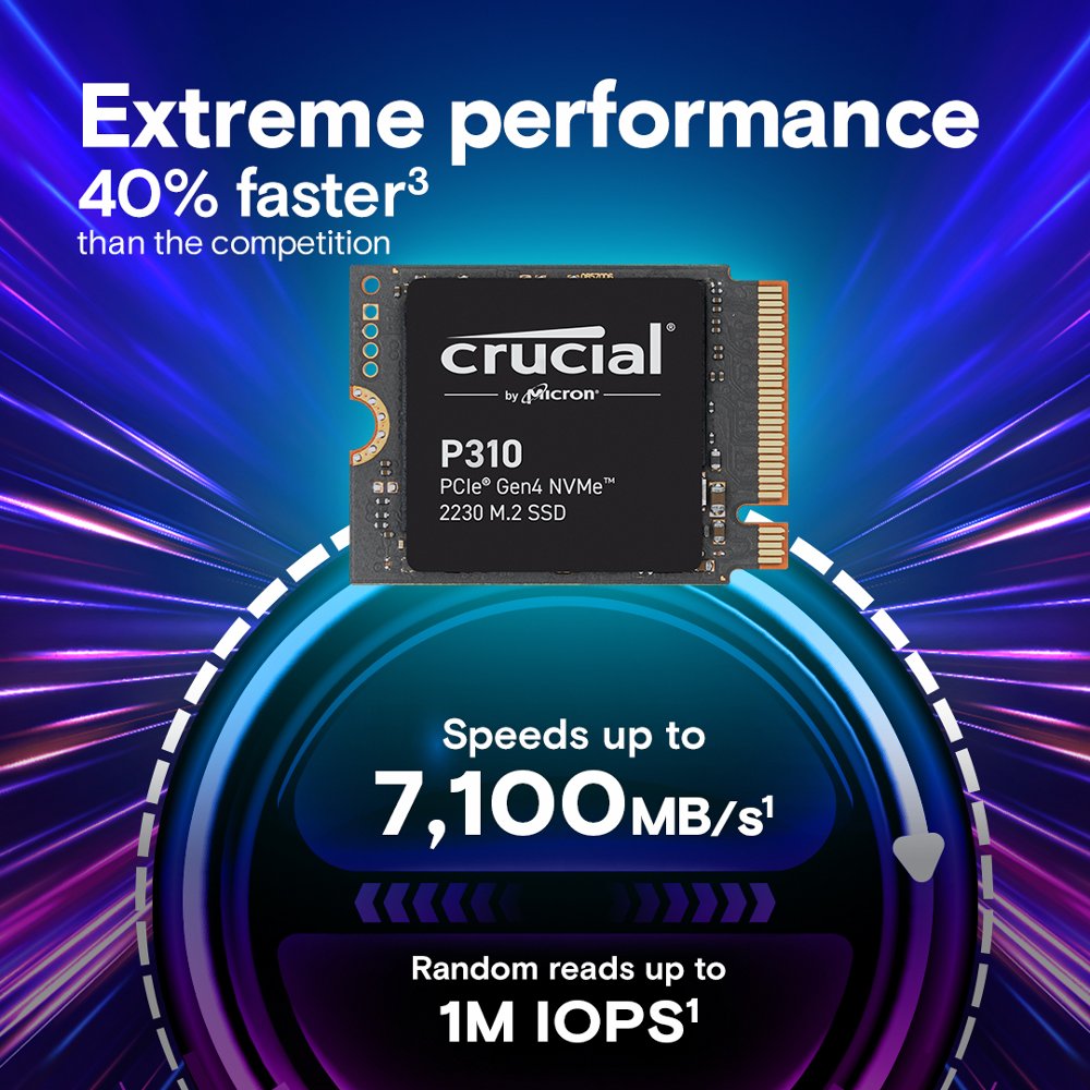 Crucial P310 | 1TB NVMe SSD | M.2 30mm | Gen4 | 7.100MB/s Lezen | 6.000MB/s Schrijven