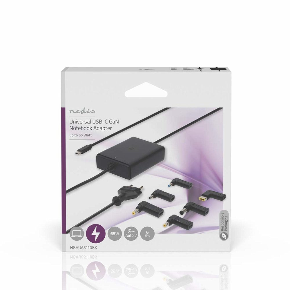 Nedis NBAU65110BK | Notebook adapter (GaN) | 65 W | USB-C Power Delivery | Zwart