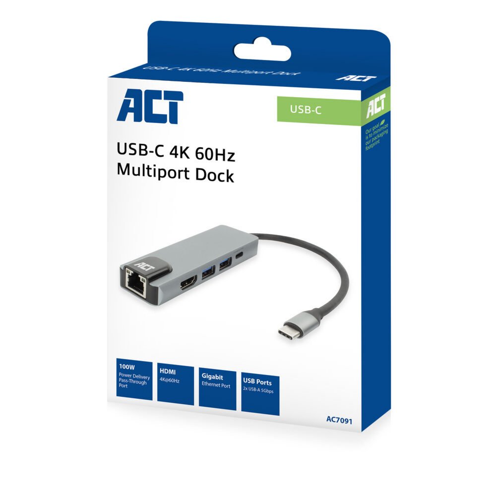 ACT AC7091 | USB-C 4K Docking Station | HDMI 2.0 (4K@60 Hz) + Gigabit Ethernet + 2× USB-A + USB-C PD Pass-Through | Aluminium