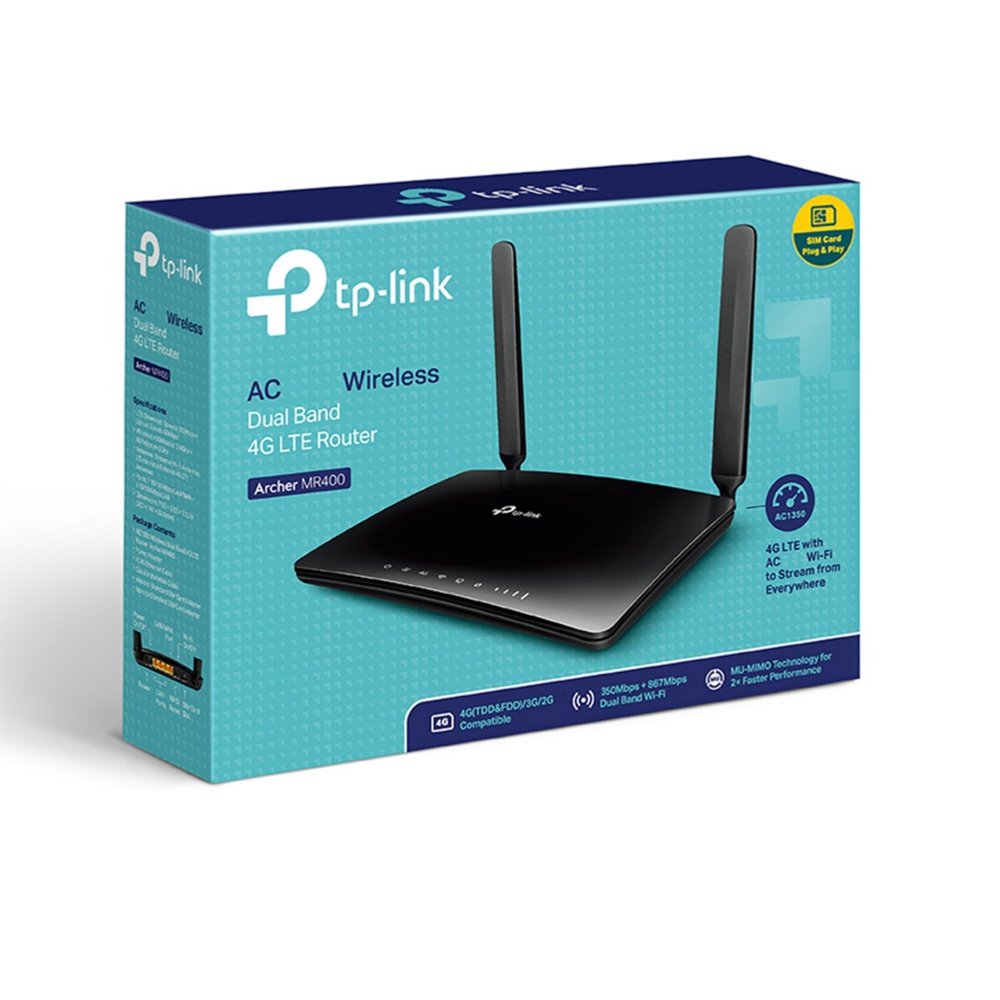 TP-Link Archer MR400 | Draadloze Dual-band Router (2.4 GHz / 5 GHz) | 4G LTE Modem | AC1200 (tot 300 + 867 Mbit/s) | Zwart