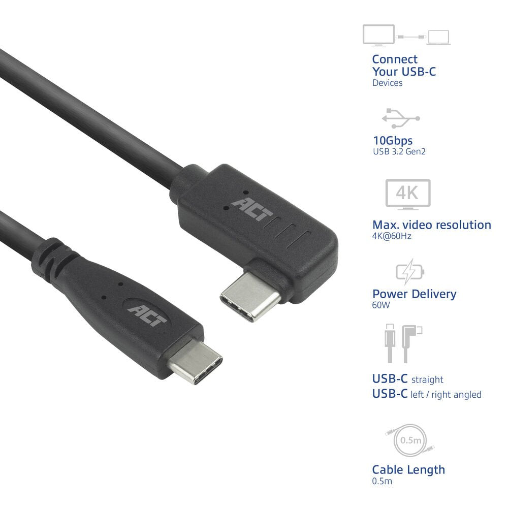 ACT AC7405 | USB 3.0 Kabel | USB-C (recht) naar USB-C (haaks) | 60W | 10Gbps | 0,5m | Zwart