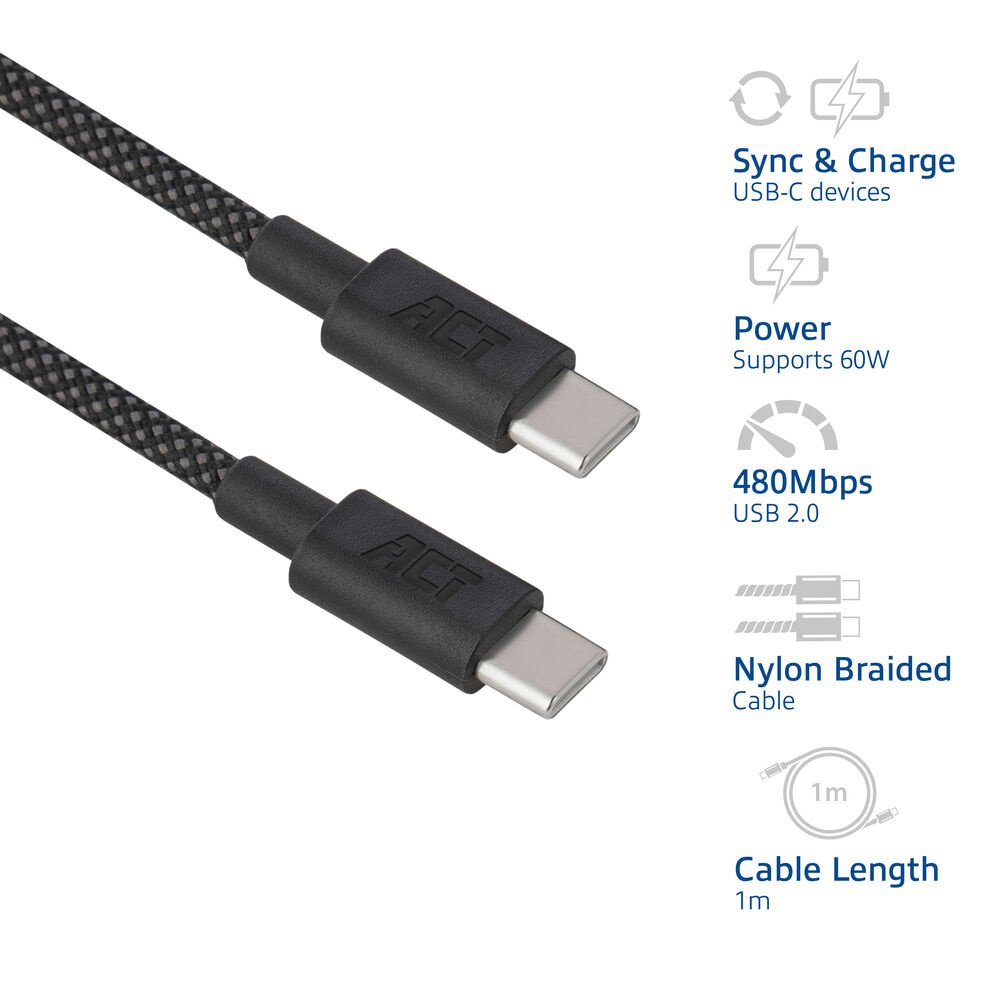 ACT AC3082 | USB 2.0 Kabel | USB-C naar USB-C | 60W | 480Mbps | Zwart | 1 Meter