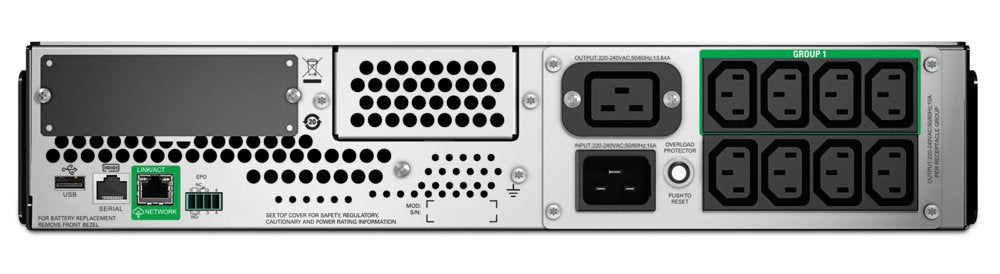 APC Smart-UPS SMT2200RMI2UC | 2200 VA / 1980 W | 2U Rackmount | 8x IEC C13 & 1x IEC C19 Stopcontacten | Zuivere Sinusgolf | A
