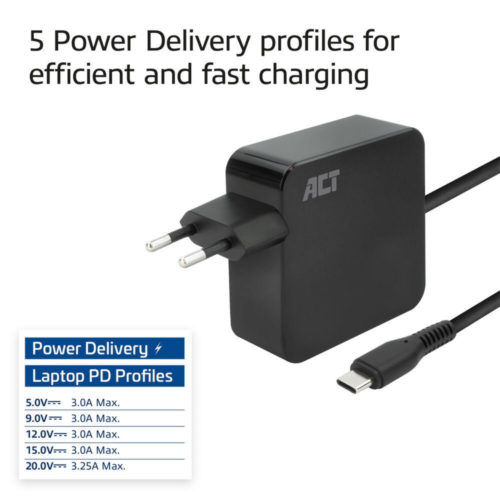 ACT AC2010 | Universele USB-C Notebook Lader | 65 Watt PDP | 2 Meter