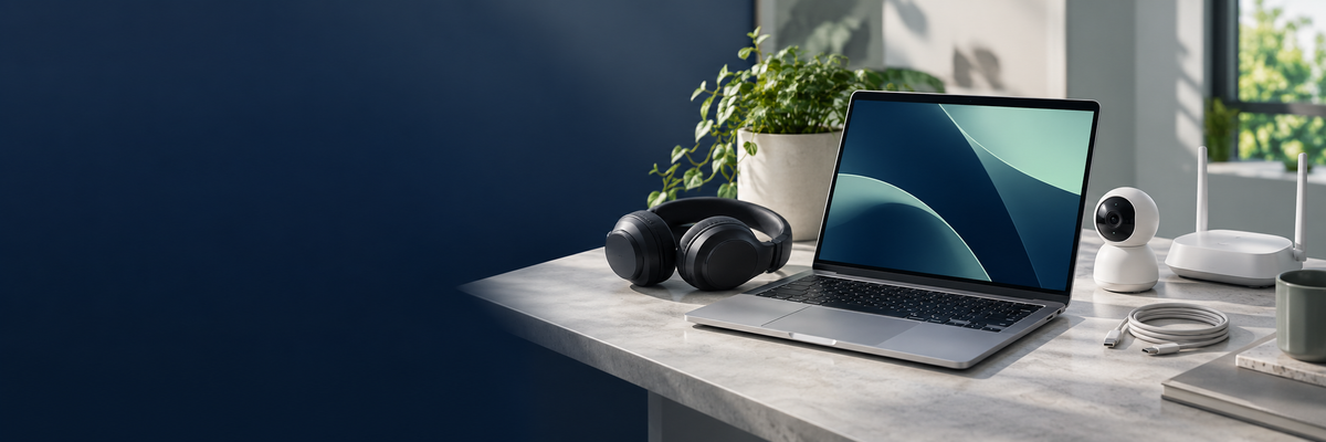 Moderne werkplek met laptop, koptelefoon, slimme camera en wifi-router